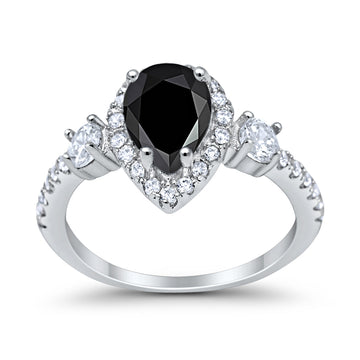 Three Stone Halo Teardrop Fashion Ring Pear Simulated Black CZ 925 Sterling Silver